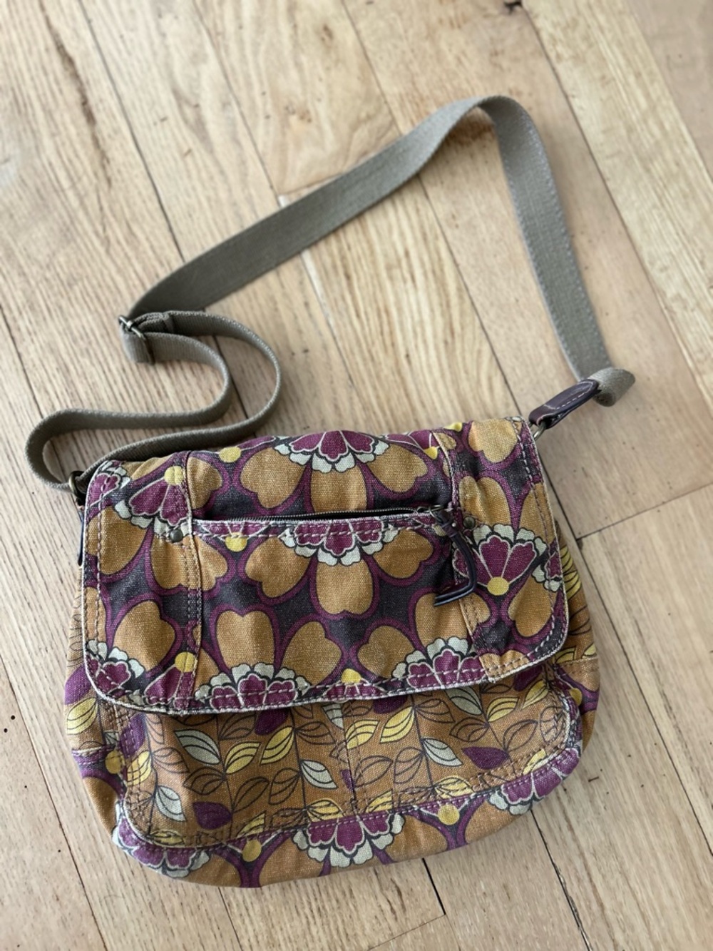 Relic by Fossil Mustard and Purple Floral Canvas Crossbody Purse